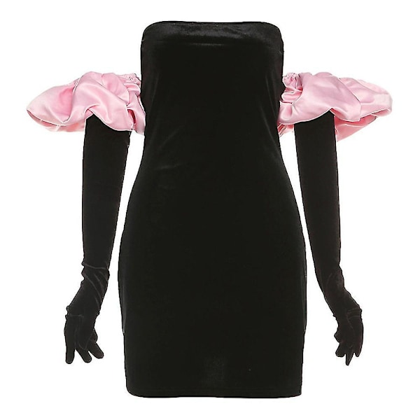 Sexy Pink Wrap Bodycon Dress with Puff Sleeves and Gloves for Women