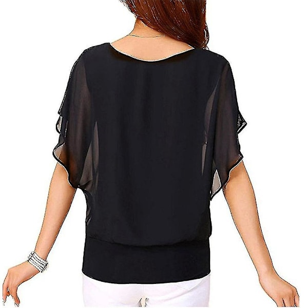 Afslappet Løstsiddende Batwing Ærme Chiffon Top T-shirt Bluse til Kvinder - Sort - 3XXL