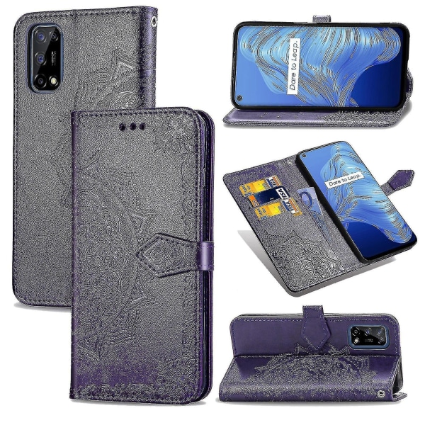 Realme V5 5g Case Nahkainen Lompakon Cover Kohokuvioitu Mandala Magneettinen Flip Protection Iskunkestävä - Violetti