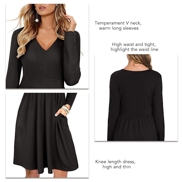 Kjole med V-hals og høy midje, lang ermet, draperte, bodycon, ensfarget, knelang, for kvinner, svart L