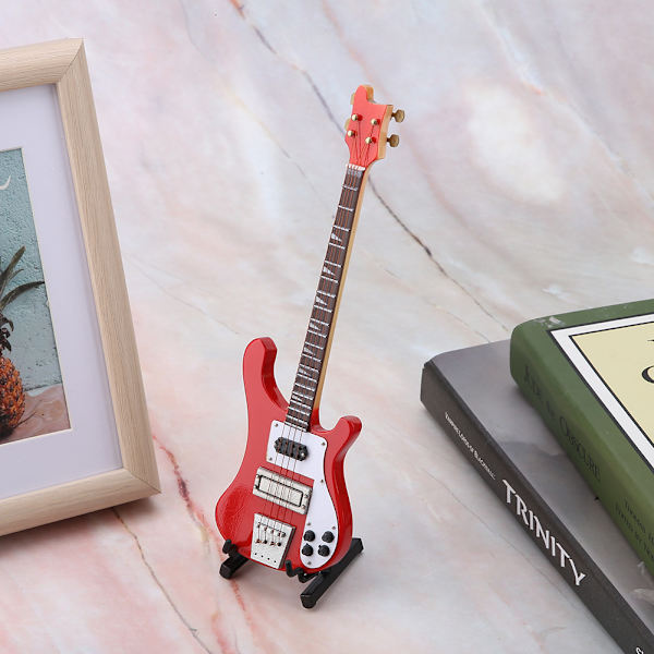 Röd miniatyr basgitarr replika med stativ och fodral Instrument Modell Ornament Julklapp