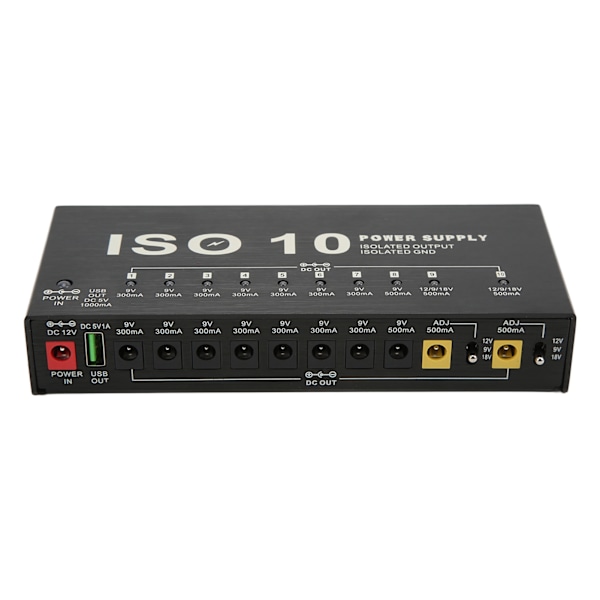 Gitarpedal strømforsyning 10 isolerte utganger multieffekt strøm med 2 justerbare spenninger EU-kontakt 100‑240V