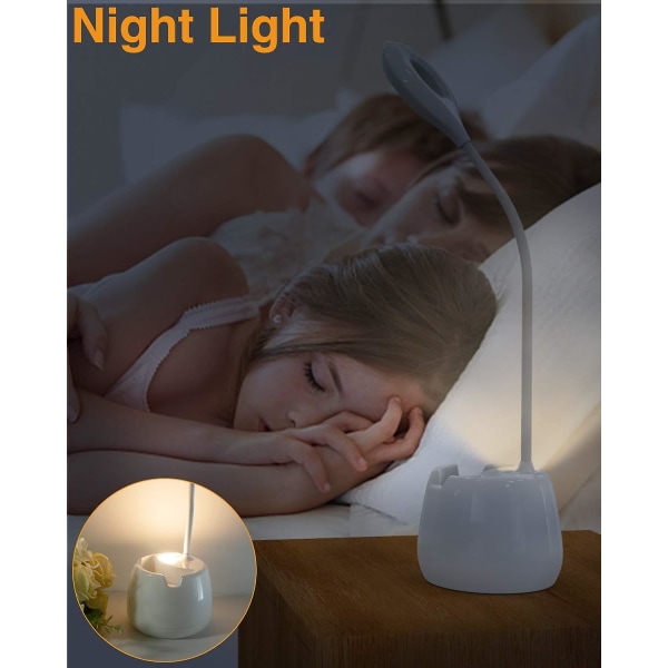 Led bordslampa med nattlampa, uppladdningsbar USB -läslampa, dimbar skrivbordslampa, 360 flexibel hals för hemmakontor