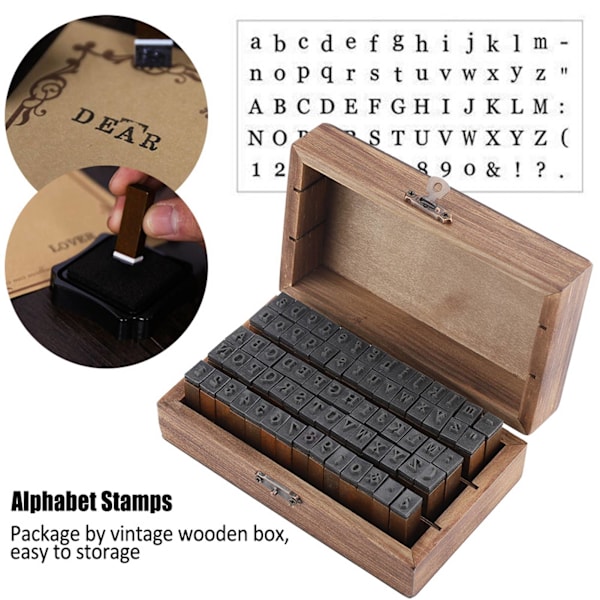 70 st Vintage trä alfabetet brev gummistämplar liten trälåda