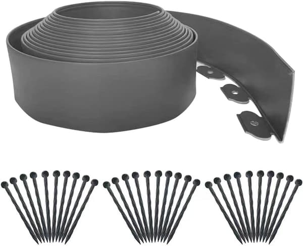 Grå fleksibel plastkant - 30 støtter - Lengde: 10 m - Høyde: 6 cm