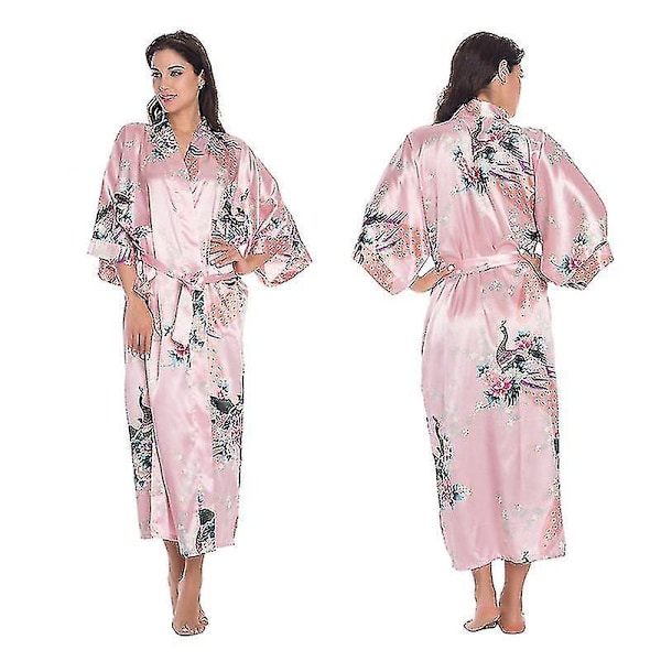 Rosa satinblommig kimono morgonrock sovplagg för kvinnor bröllop 3XL