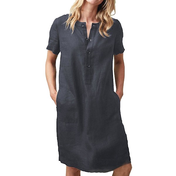 Cotton Linen Baggy Tunic Dress - Women's Short Sleeve Knee-Length (Grey, 3XL)