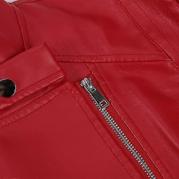Dam All-Match Biker Zipper Slim Fit Kort Läderjacka Red S
