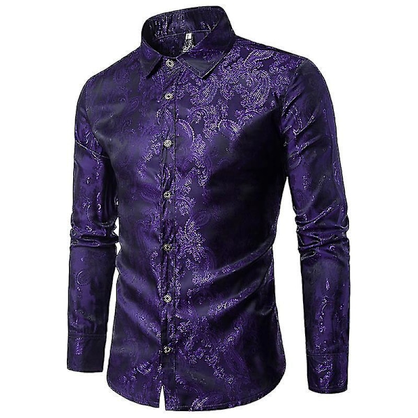 Mænds Lapel Skjorte med Cashewnøddeblomst Broderi - Langærmet (Lilla, M)