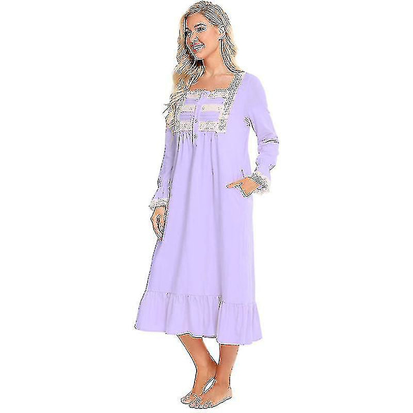 Vintage Victorian -puuvillainen yöpaita -mekko naisille - Vaalean violetti XL