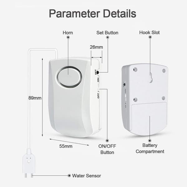 130dB vattenläckagelarm, 100 cm lång kabel med sensor, vattenläckagelarm för hemsäkerhet, batteri ingår