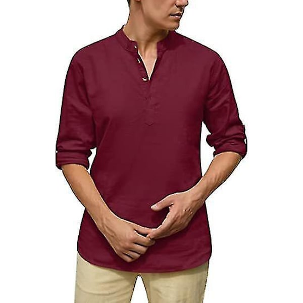 Casual Men's Linen Henley Shirt in Wine Red