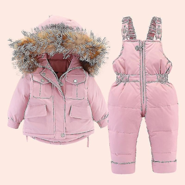 Barn 2-delt vinterdunjakke og bukse sett, hette ski dress for jenter og gutter, størrelse 90cm, rosa