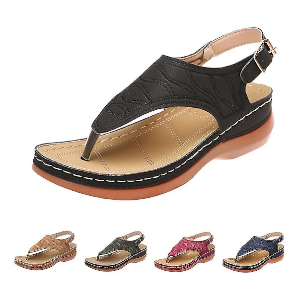 Comfortable Women's Orthopedic Thong Sandals, Flat Casual Beach Sandals - Black - Size 35