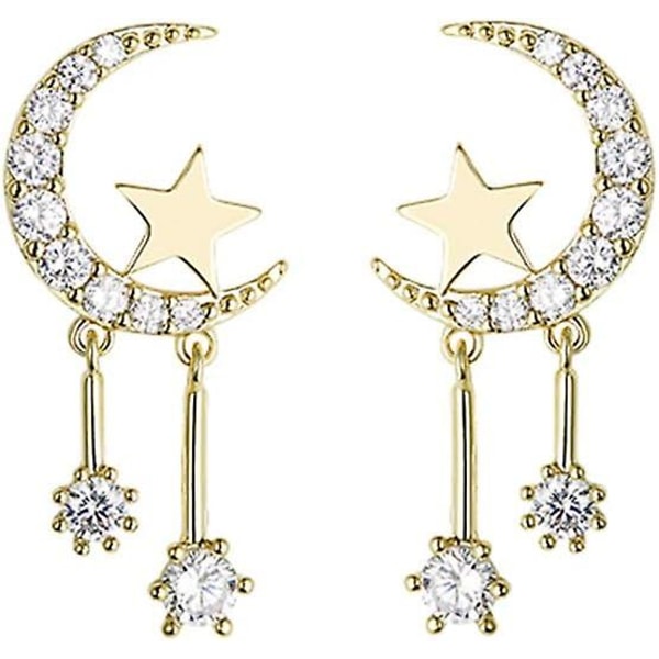 925 Sterling Silver Crescent Moon Star Studs örhängen för kvinnor Tonårstjejer Cz Simulated Diamond Earrings Star Tofs örhängen Gold