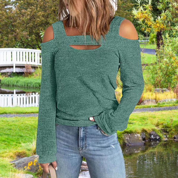Kvinnor, kalla axeltopp Cut Out Design Enfärgad Fashionabla långärmad blus för hemshopping Grön S