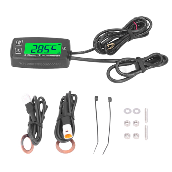 Dubbelkanals LCD-termometer Motortempmätare Digital display med grön bakgrundsbelysning för motorcykelbåt ATV