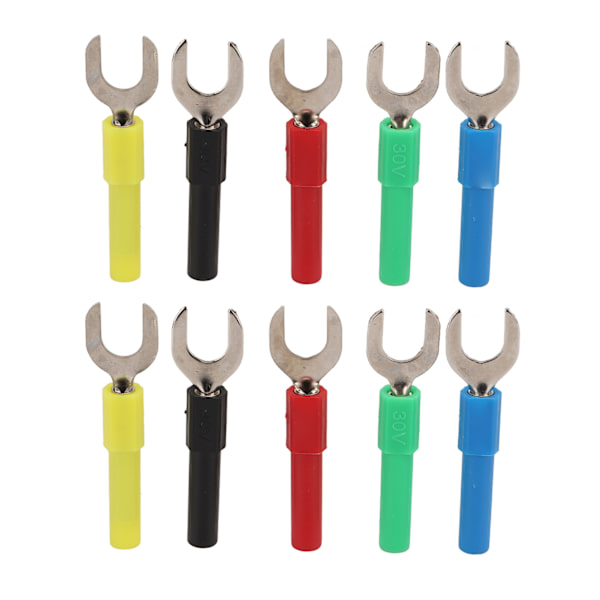 10 st gaffelspade Trådkontakter 5 färger 8 mm/0,3 tum Avstånd U Typ 4 mm/0,2 tum Tail Banana Jack hona Adapter för test