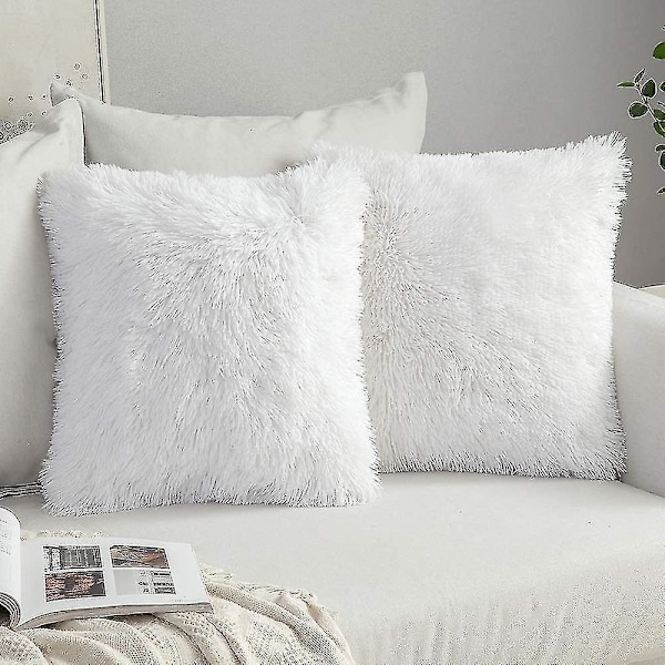 Fluffy White Faux Fur Throw Pillow Case Set (2 Pack) 43x43 cm