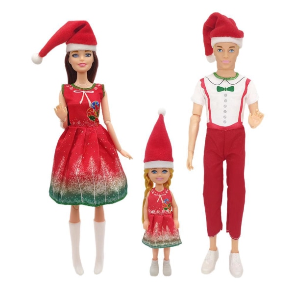 30 cm/11 tommer foreldre-barn barbie julesett bursdagsgave gutt og jente prinsesse leketøy dukke klær dekorasjon (3 stk)