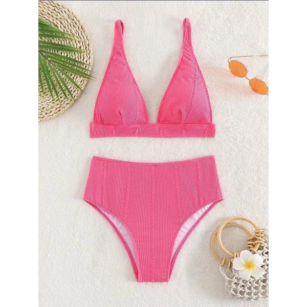 Populær høy midje ensfarget delt bikini - rosa XL