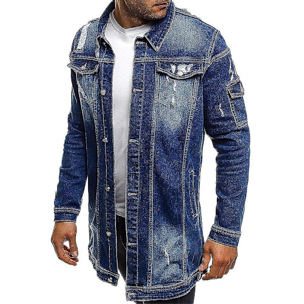 Langarmet Distressed Denim Shacket med Lommer for Menn - Mørkeblå