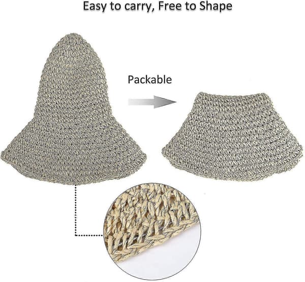 Damehat med strå, foldbar strandhat, stor, damehat med papirflet, bred skygge