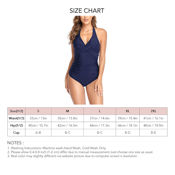Kvinders Badedragter med Dyb V-udskæring One Piece Badedragt Ruched Push Up Badedragt Slimming Grimma Badedragt Mørkeblå XL