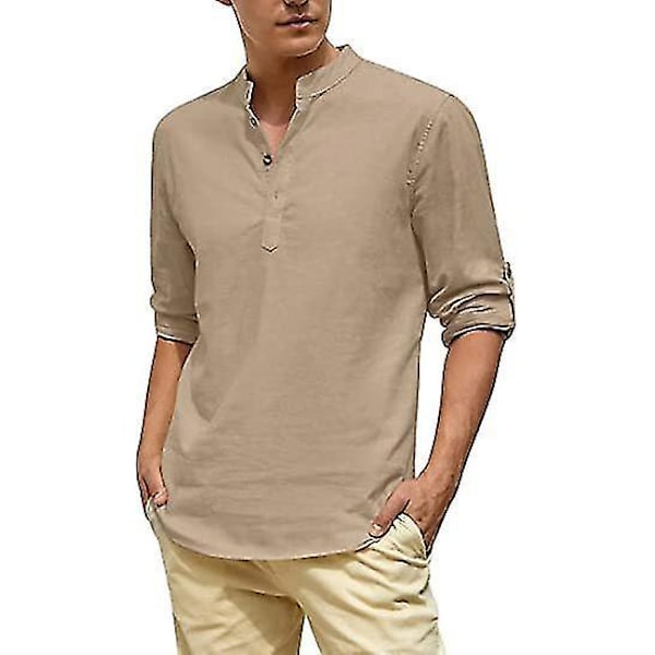 Linen Henley Beach Shirt for Men in Khaki