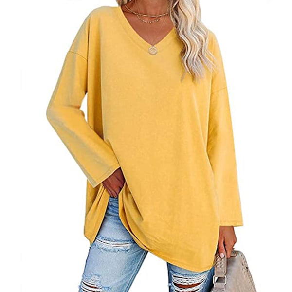 Dame Bluse Langarmet Trøye Ren Farge Pullover V-hals Løstsittende Casual Design Gul M