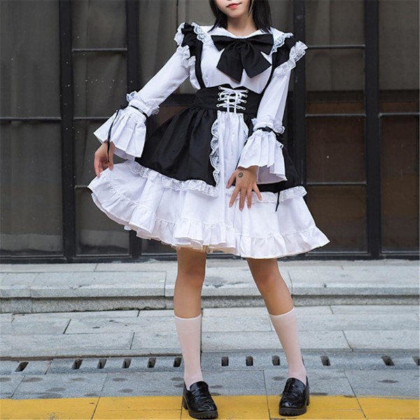 Maid Outfit Långärmad Anime Maid Förkläde Fancy Dress Cosplay kostym med pannband för fest män L