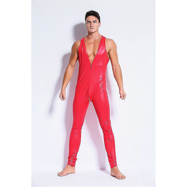 Red Men's Latex PVC Shiny Leather Catsuit Jumpsuit Zipper Open Crotch