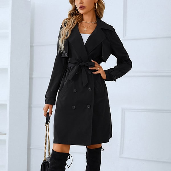 Kvinnor Lapeljacka Dubbelknäppt Manschetter Långa ärmar Bältad midja Mellanlängd Modern Wind Coat för Höst Svart M