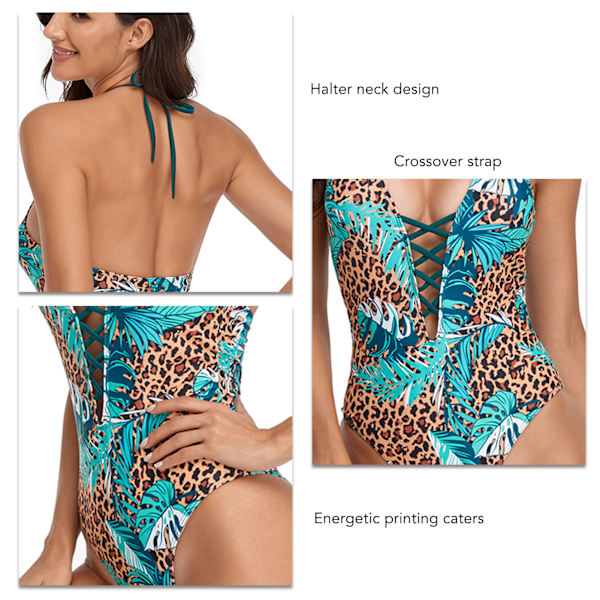 Badedragt Floral Print Crossover Strap Halter Rygfri Enkelt Badedragt til Sommer Grøn XL
