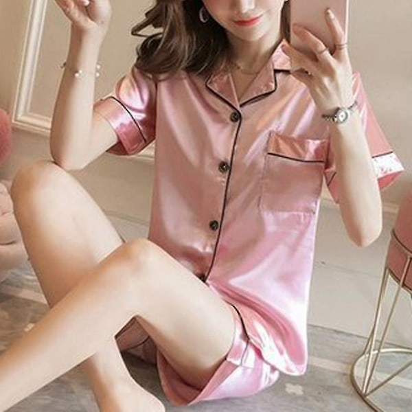 Kvinner's Silke Satin Korte Ermer Pyjamas Sett, 2XL Rosa