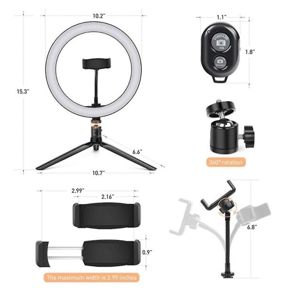 Led-ringlys med stativstativ og 1 telefonholder, dimmes bord Selfie-ringlys for sminkevideo, livestreamingfotografering, 3 lysmoduser
