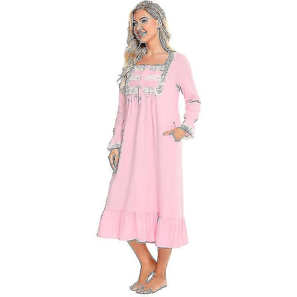 Vintage Victorian -tyylinen pitkähihainen puuvillainen yöpaita naisille - Pinkki