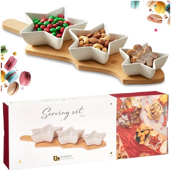 Porcelænsskåle med bambusbakke - 4 dele sæt 610