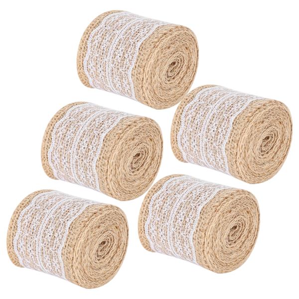 5 stk Burlap Bånd Spids Linned Rulle Jute Bælte DIY Håndlavet Hessian Rem Håndværk Dekorationer (Hvid)