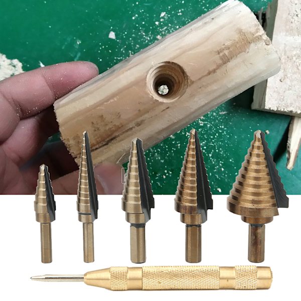 5 st High Speed ​​Steel Cone Steg Borr Bit Hålskärare med Center Punch