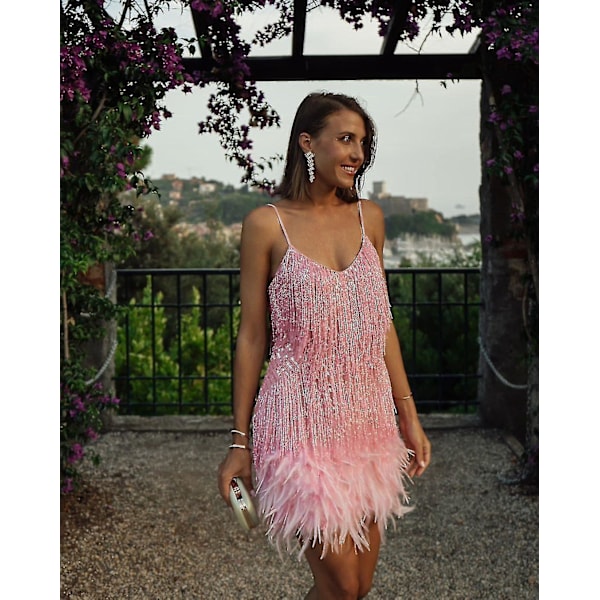 Fringe Sequin Feather Bodycon Dress for Women - Pink M