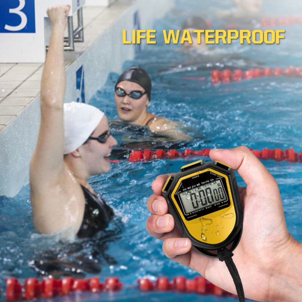 Vandtæt stopur digitalt håndholdt LCD timer kronograf sportstæller med rem til svømning, løb, fodboldtræning, model: RS-808 sort