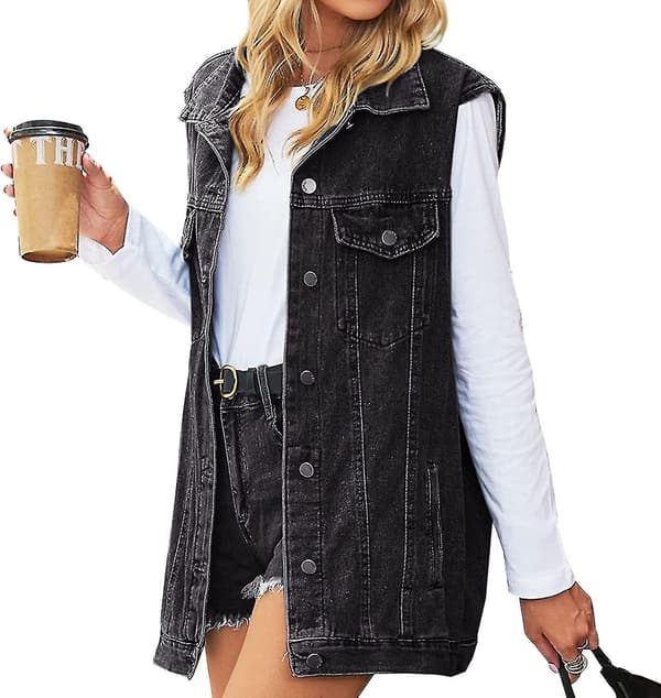 Damjeansjacka Ärmlös Jeansväst med knappar, mellanlång Black Medium