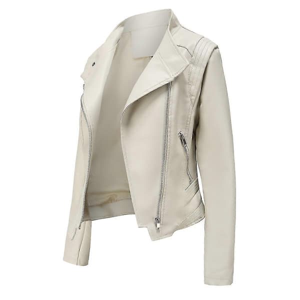 Dam All-Match Biker Zipper Slim Fit Kort Läderjacka Cream M