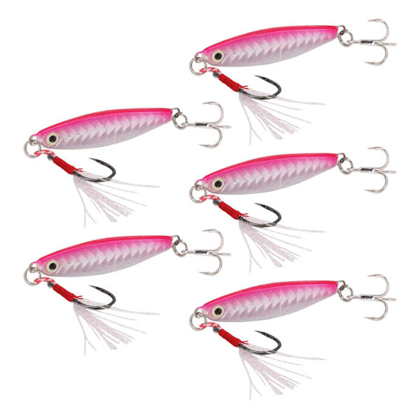 5 stk 15g Metal Vib Hårde Fiskeblink Jigging Fiskeagn Kunstige Hårde Lokker med Paljetter Laser Fjederkrog Rosa
