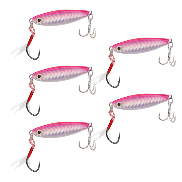 5 stk 15g Metal Vib Harde Fiskebeten Jigging Fiskebeten Kunstige Harde Lokker med Paljett Laser Fjærkrok Rosa