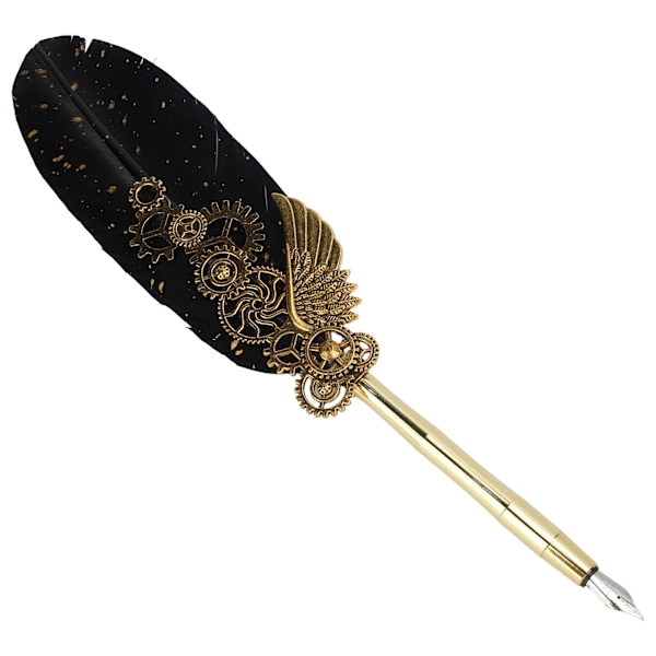 Fjerpen Business Fire Lak Stæmplet Europæisk Retro Stil Sprøjt Guld Fjer Rustfrit Stål Dip Pen Sæt med Blækpose Sort
