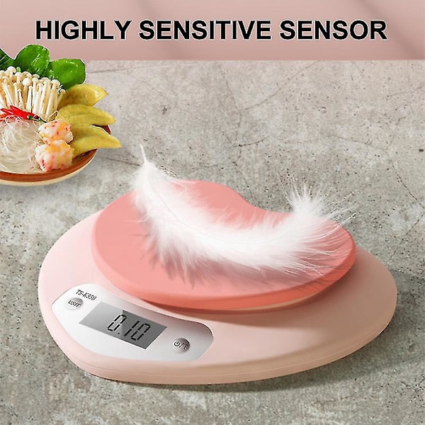 Højpræcisions Hjerteformet Pink Køkkenvægt - 5kg/1g, 2kg/0.1g - LCD Digital Display - 3 Enheder: g/lb/oz - Inkluderer Batteri