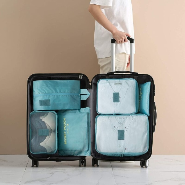 6 stk Pakkekuber Bagasjeposer Organisering Slitesterk reisebagasjepakkerisett med himmelblå toalettmappe, modell: blå