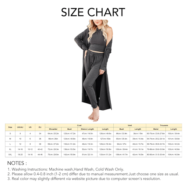 Kvinnor Pyjamasset Höst Vinter Hem Kläder Set 3 delar Loungewear Set Väst Byxor Cardigan Set Grå L